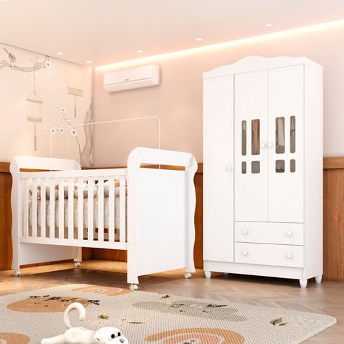 Conjunto Quarto Bebê Berço 3 em 1 Mirelle Guarda Roupa 3 Portas 100% MDF Branco