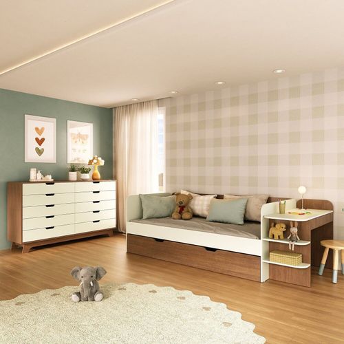 Quarto Infantil Cama de Solteiro 3 em 1 e Cômoda 10 Gavetas em Mdf Premium Helena e Alice Off White/ Castanho
