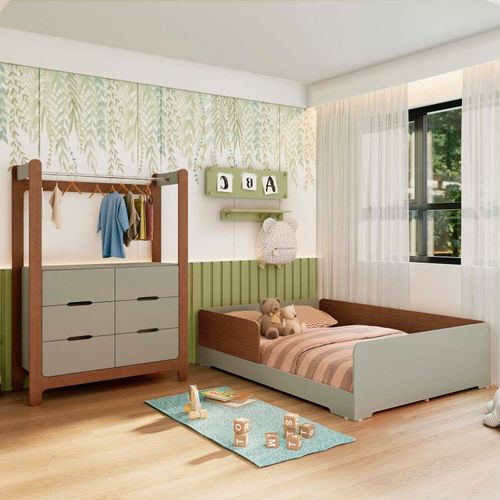 Quarto Infantil Completo Guarda-Roupa Closet e Cama Casal Montessoriana 100% MDF Olivia e Mark Verde Verti/ Castanho