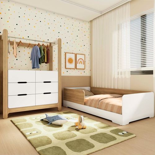 Quarto Infantil Completo Guarda-Roupa Closet e Cama Solteiro Montessoriana Olivia e Mark Branco/Lour Branco/ Louro Freijó Grann