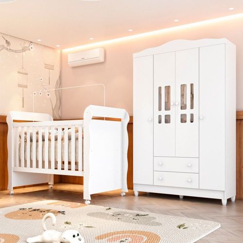 Conjunto Quarto Bebê Berço 3 em 1 Mirelle Guarda Roupa 4 Portas 100% MDF Branco