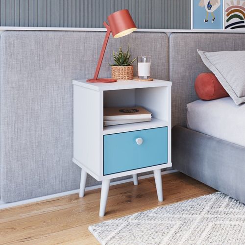 Mesa de Cabeceira Infantil 1 Gaveta Quarto Branco/Azul Branco/Azul