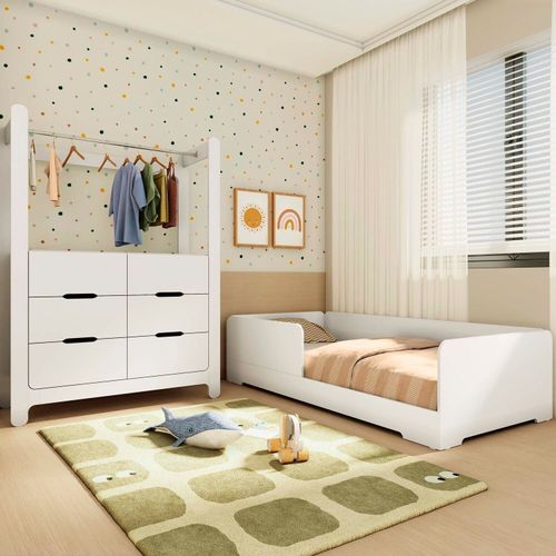 Quarto Infantil Completo Guarda-Roupa Closet e Cama Solteiro Montessoriana 100% MDF Olivia e Mark Br Branco