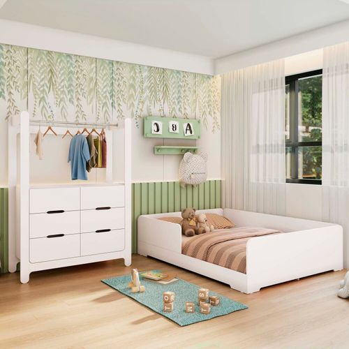 Quarto Infantil Completo Guarda-Roupa Closet e Cama Casal Montessoriana 100% MDF Olivia e Mark Branc Branco