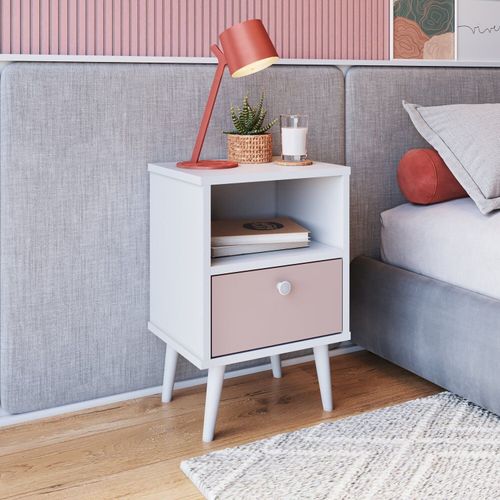 Mesa de Cabeceira Infantil 1 Gaveta Quarto Branco/Rosa Branco/Rosa