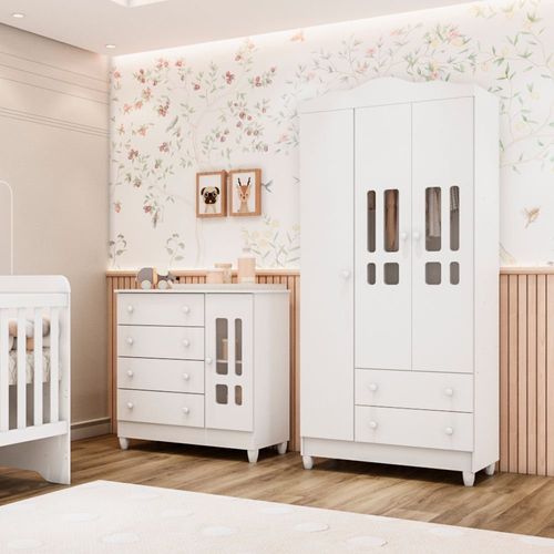 Conjunto Quarto Bebê Guarda Roupa Ariel 3 Portas Cômoda 4 Gavetas 1 Porta 100% MDF Branco