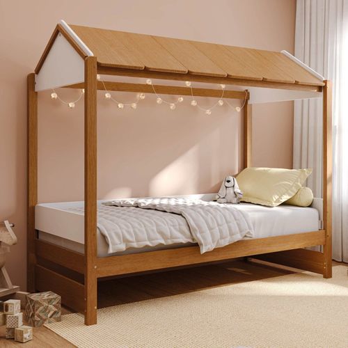 Cama Casinha Solteiro Reversível Aria Casatema Nogueira/Branco