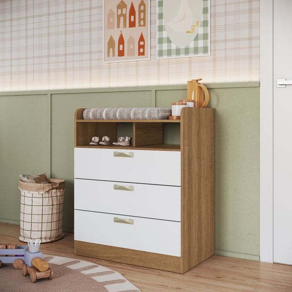 Cômoda Infantil com 3 Gavetas Cmd001 Mel/Branco