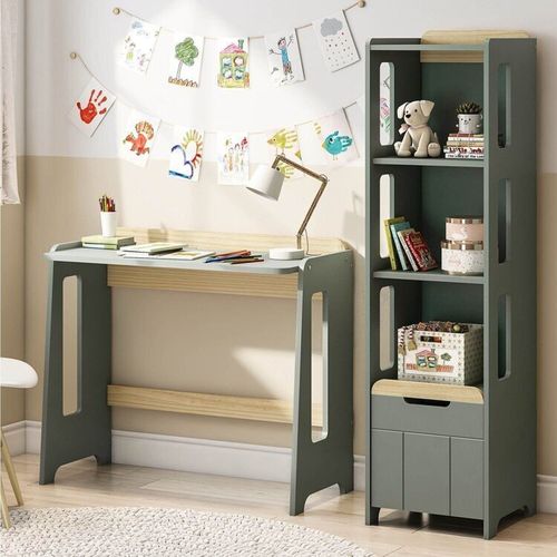 Escrivaninha e Estante 3 Nichos com Porta Petit Casatema Verde/Mel