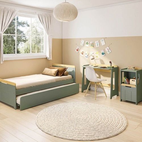 Conjunto Quarto Completo Bicama com LED, Escrivaninha e Estante Petit Casatema Verde/Mel