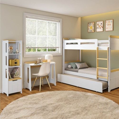 Conjunto Quarto Completo Treliche com LED, Escrivaninha e Estante Petit Casatema Branco/Mel