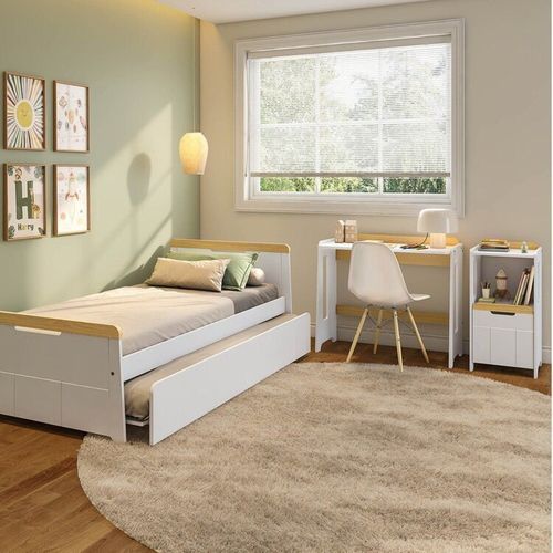 Conjunto Quarto Completo Bicama com LED, Escrivaninha e Estante Petit Casatema Branco/Mel