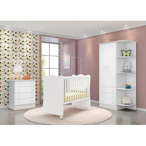 Quarto para Bebê Completo 3 Peças Guarda-Roupa, Cômoda e Berço Doce Sonho Branco