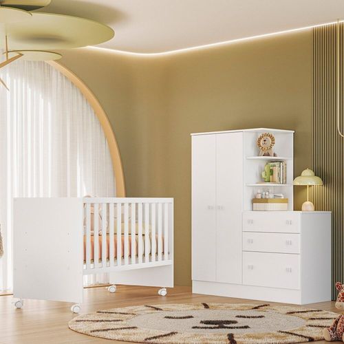 Quarto para Bebê Completo 2 Peças Guarda-Roupa com Cômoda e Berço Doce Sonho Branco