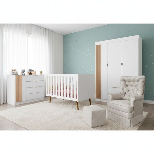 Quarto de Bebê Completo 5 Peças em MDF com Berço Americano, Guarda Roupa, Cômoda e Poltrona com Puff Ayla Branco Branco