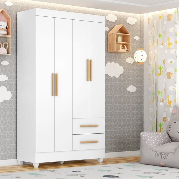 Guarda-roupa para Quarto Infantil 4 Portas e 2 Gavetas com Pés Lite Branco