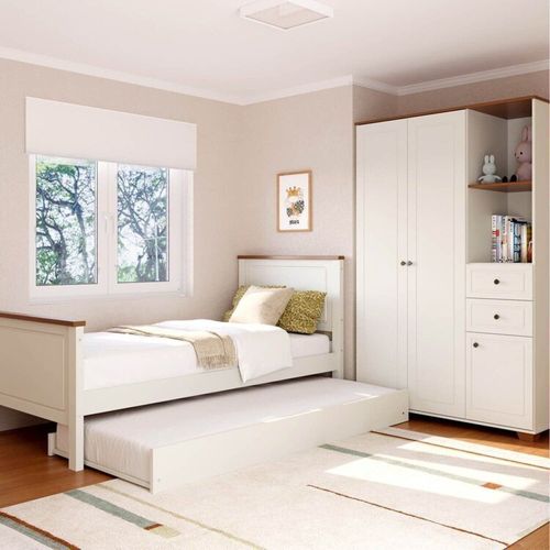 Quarto Juvenil Completo Bicama Solteiro e Guarda Roupa Ananda Casatema Bege/Off Whi Off White/Mel