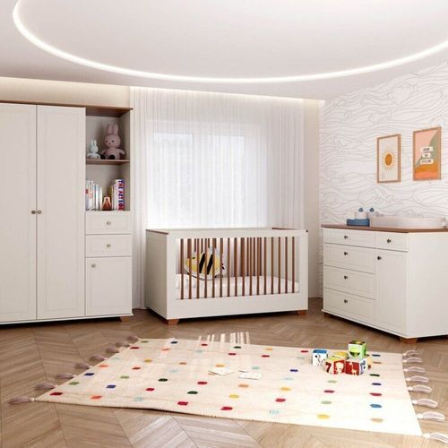 Quarto Completo Berço Evolutivo Cômoda e Guarda Roupa Ananda Casatema Off White/Mel