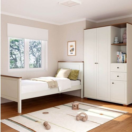 Quarto Juvenil Funcional Cama Solteiro e Guarda Roupa Ananda Casatema Bege/Off Whit Off White/Mel