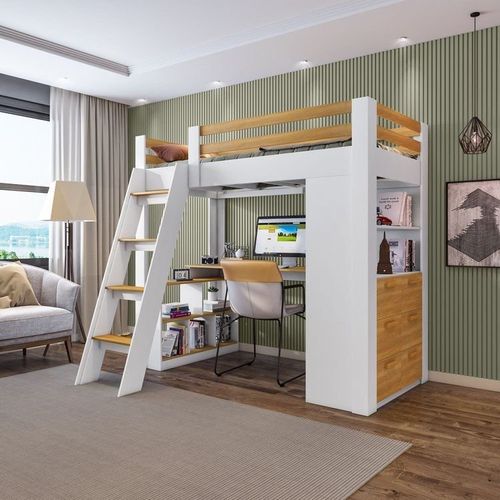Cama Alta Beliche Office Adulto Multifuncional com 6 Gavetas Micenas Yescasa Branco /Freijó