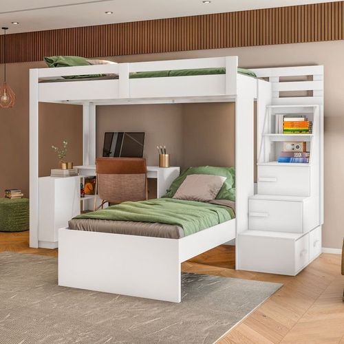 Beliche Office Adulto Moon com Escrivaninha em L Nichos e Escada 2 Portas e 2 Gavetas Yescasa Branco Branco