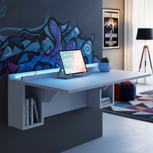 Escrivaninha Mesa Dobrável com Nichos com Led Neon 78,5cm Branco Branco