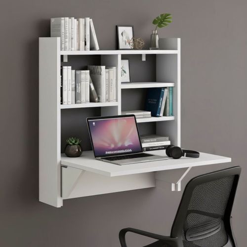 Escrivaninha Mesa Dobrável com Estante 63cm Branco Branco