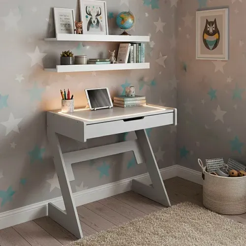 Conjunto Escrivaninha com Luz Neon - Quente com Aba 1 Gaveta 2 Prateleiras 73cm Branco Branco