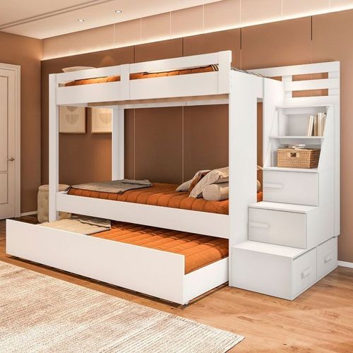 Beliche Adulto com Cama Auxiliar e Escada Multifuncional Moon Yescasa Branco Branco