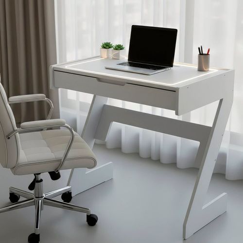 Escrivaninha para Escritório com Luz Quente Neon 1 Gaveta 73cm Branco Branco