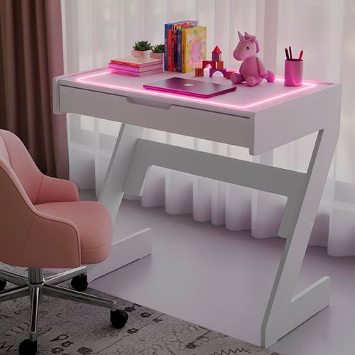 Escrivaninha para Escritório com Luz Rosa Neon 1 Gaveta 73cm Branco Branco