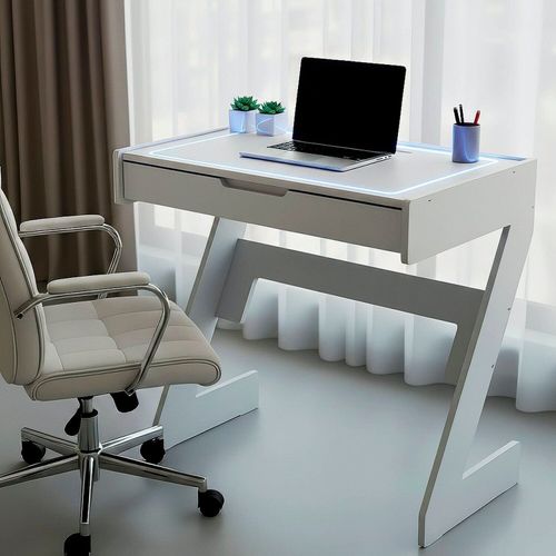 Escrivaninha para Escritório com Luz Azul Neon 1 Gaveta 73cm Branco Branco
