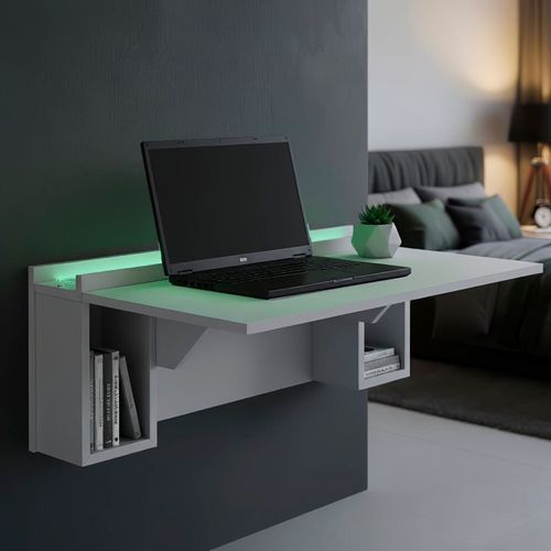 Escrivaninha Mesa Dobrável com Nichos e Led Verde Neon 78,5cm Branco Branco