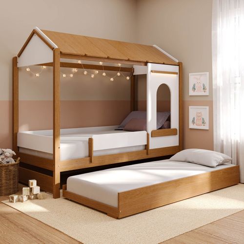 Bicama Casinha com Janela Led e Grade de Proteção Aria Casatema Nogueira/Branco