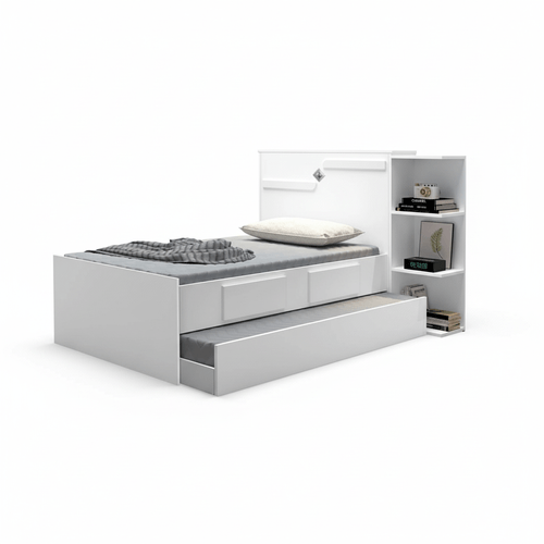 Bicama Solteiro com Baú, 2 Gavetas e Cama Auxiliar Iris Branco Branco