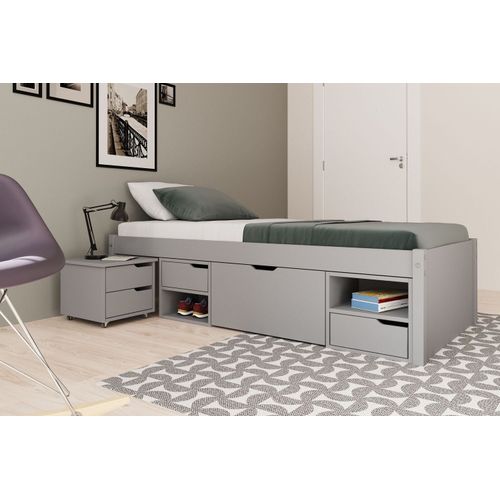 Cama Solteiro Madeira Maciça com 3 Gavetas e 1 Mesa de Cabeceira Charme Cool Grey