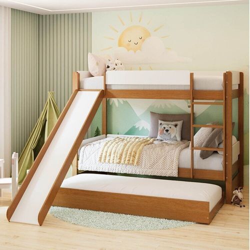 Treliche com Cama Auxiliar e Kit Escorregador Aria Casatema Nogueira/Branco