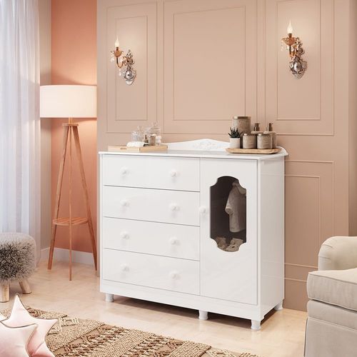 Cômoda de Bebê 1 Porta com Janela e 4 Gavetas Maya Provençal Yescasa Branco Brilho
