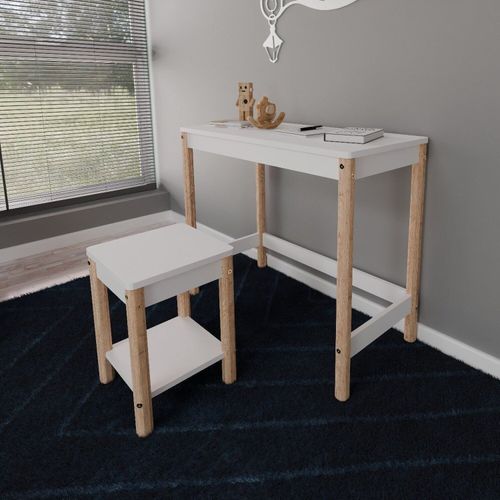 Mesa de Cabeceira Arredus em Madeira Maciça e MDF 33x45,3cm Branco Branco/Natural