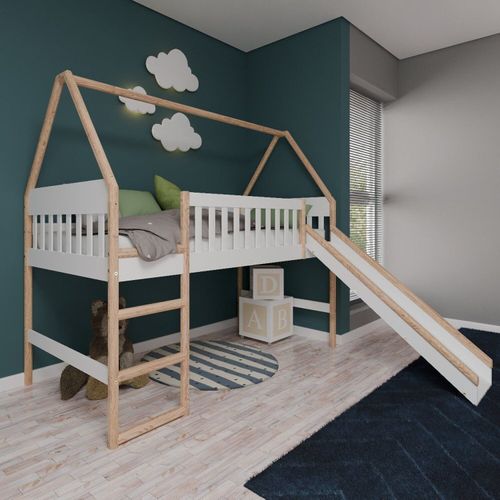 Cama Cabana Infantil Elevada com Escorregador Arredus Madeira Maçica / MDF Branco/Natural