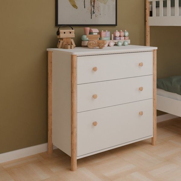 Cômoda Infantil 3 Gavetas Arredus em Madeira Maciça / Mdf Branco/Natural