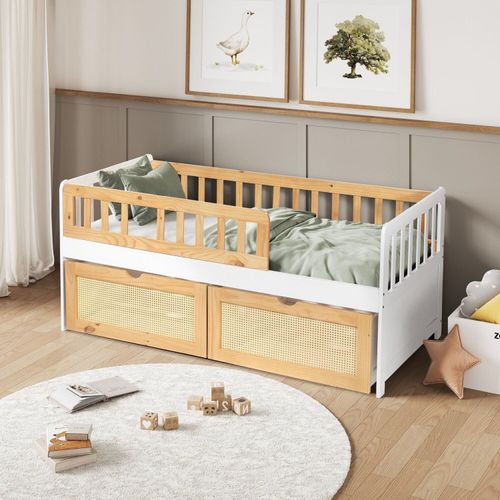 Cama Solteiro Infantil com 2 Gavetões e Grade Madeira Maciça Lumi Branco/Carvalho Branco/Carvalho