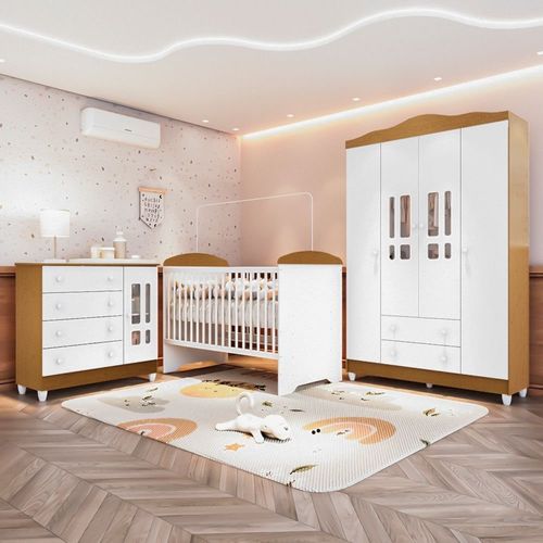 Quarto Bebê Completo Berço 3Em1 Eloá Guarda Roupa 4 Portas Cômoda 4 Gavetas 1 Porta MDF Branco com Bétula