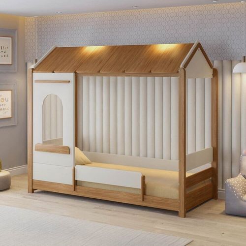Cama Casinha Solteiro Reversível com Grade e Janela de Led Aria Casatema Nogueira/Branco