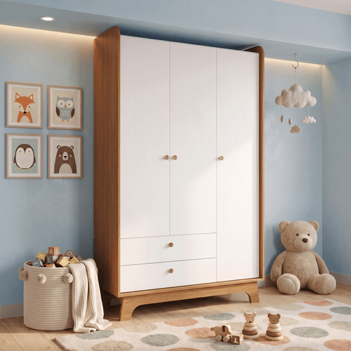 Guarda-roupa para Quarto Infantil Bebê 3 Portas e 2 Gavetas Encanto Canela / Branco