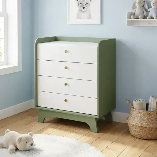 Cômoda para Quarto Infantil Bebê 4 Gavetas Encanto Verde Oliva/Branco
