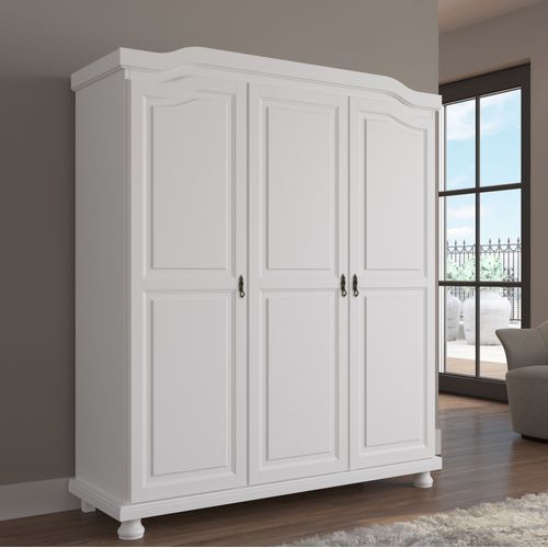 Guarda-Roupa Solteiro 3 Portas 4 Prateleiras Madeira Maciça Provençal Bastian Branco Lavado