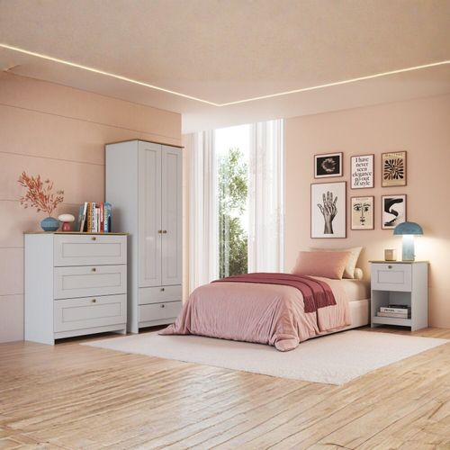 Quarto Americano Completo Infantil com Guarda-Roupa 2 Portas, Cômoda 3 Gavetas e Mesa de Cabeceira  Branco Gelo