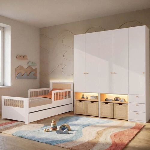Guarda-roupa Modulado e Bicama Solteiro Reversível Infantil Wave Casatema Branco/Natural