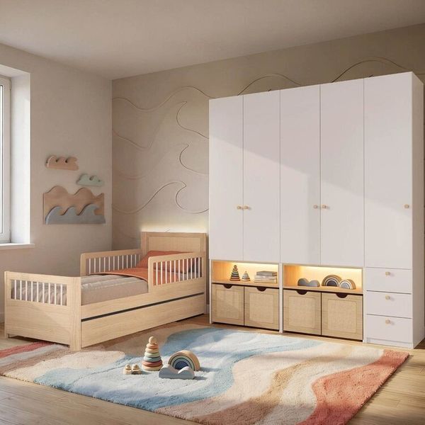 Guarda-roupa Modulado e Bicama Solteiro Reversível Infantil Wave Casatema Natural/Branco